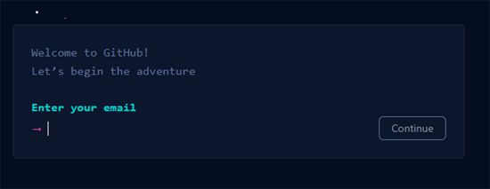 Screenshot: Welcome to GitHub! Let's being the adventure. Enter your email. Arrow points to field with focus. Continue button is grayed out.