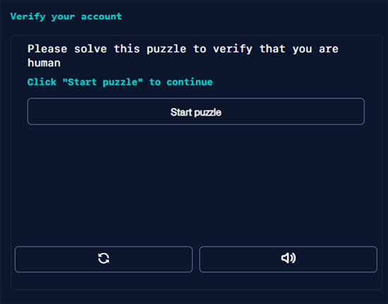 Screenshot: Verify your account
Please solve this puzzle to verify that you are human. Click "Start puzzle" to continue. Start puzzle button. Button to reload puzzle and button to get audio puzzle instead of visual one.