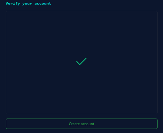 Screenshot: Verify your account with green check mark and green Create account button