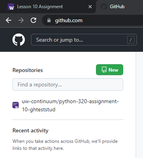 Screenshot: browser tabs showing Canvas Lesson 10 Assignment and GitHub. List of Repositories on the left hand side shows the repository created for the learner for Lesson 10. 