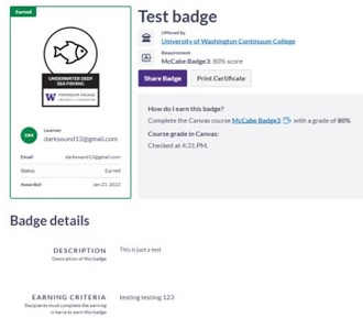 Screen shot of the details of a badge in Canvas