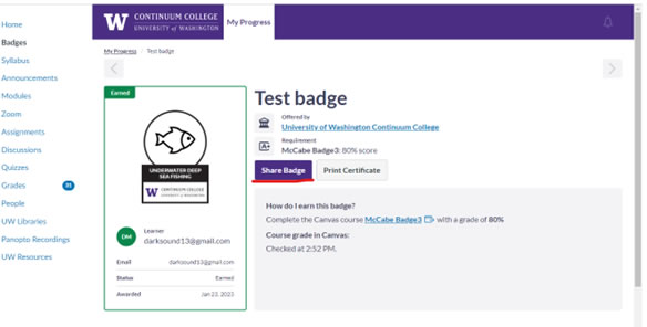 Screenshot of Canvas Badge Detail with Share button underlined