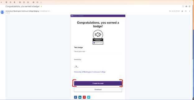 Screen shot of Congratulations message when you have earned a badge with the Create Account button indicated