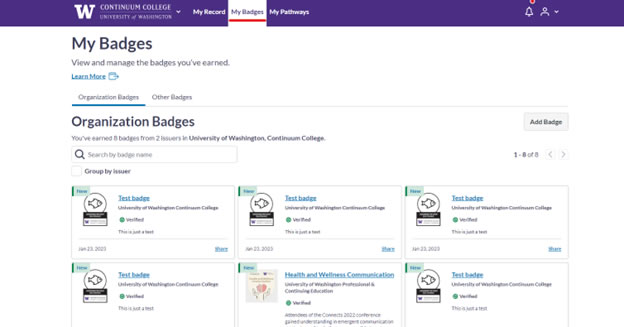 Screenshot of My Badges Home page