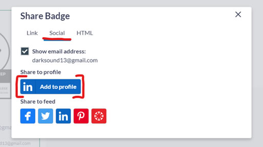 Screenshot of Share Badge popup with the Social tab underlined and the LinkedIn Add to Profile button indicated