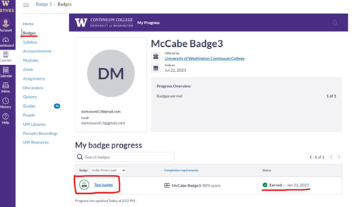 Screenshot of Canvas Badges page with a badge name circled and the earned date underlined